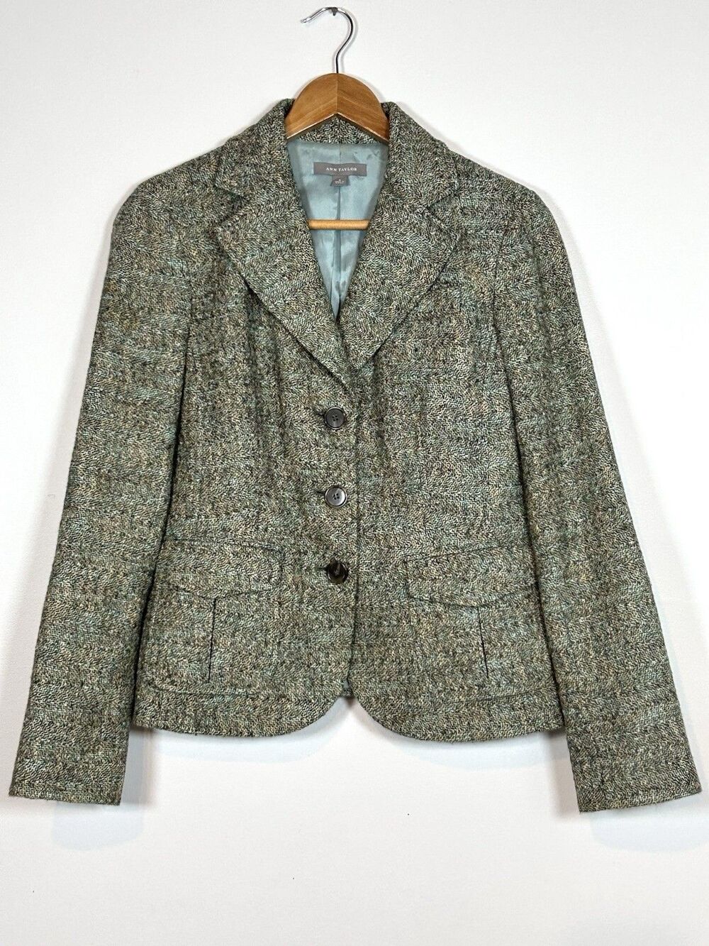Ann Taylor Green Tweed Wool Blend Blazer Jacket Womens Size 6 Career